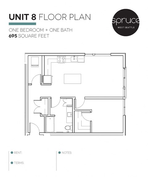 Floor plan for 1 bed, 1 bath, 695 sqft